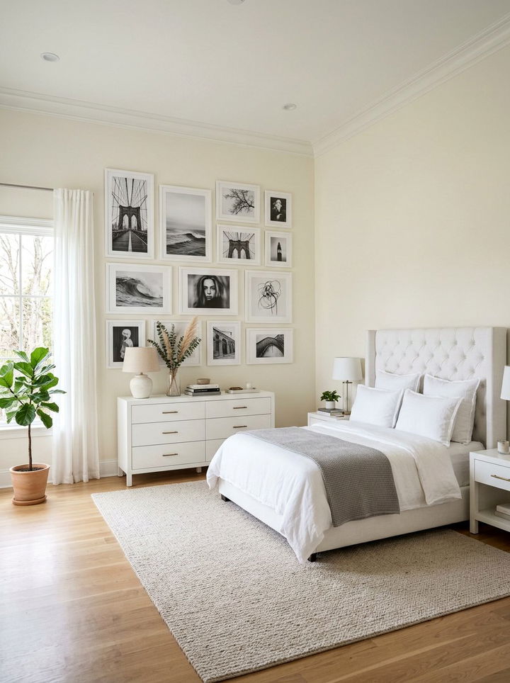 White Framed Gallery Wall - 30 warm white bedroom ideas