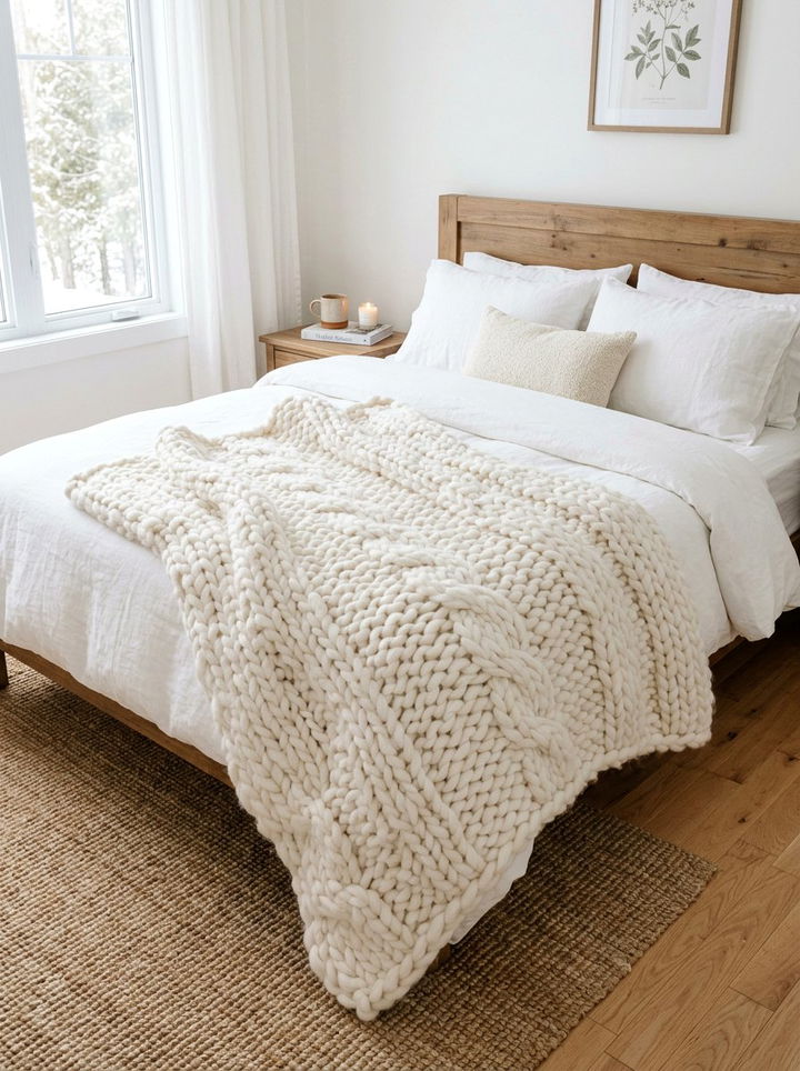 White Knit Blanket - 30 white bedroom accessories ideas