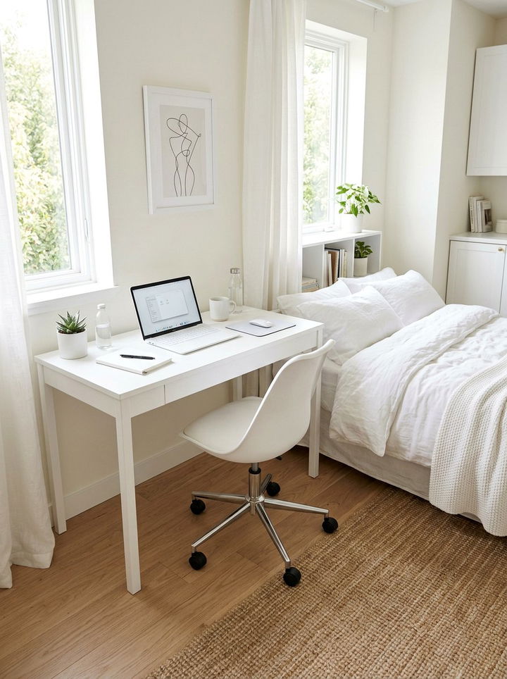 White Minimalist Desk - 30 bedroom office combo ideas
