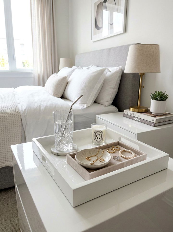White Nightstand Tray - 30 white bedroom accessories ideas