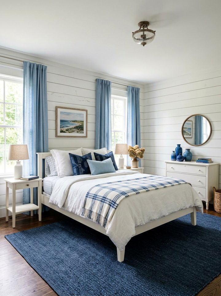 White Shiplap Blue Decor - 30 coastal blue bedroom ideas