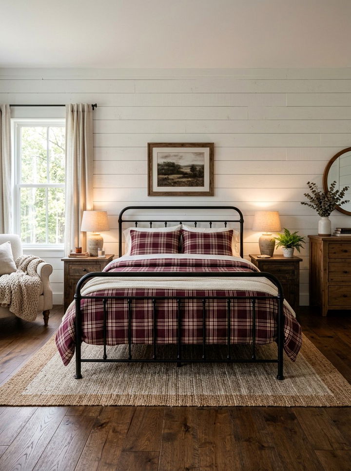 White Shiplap Burgundy Accents - 30 burgundy and white bedroom ideas
