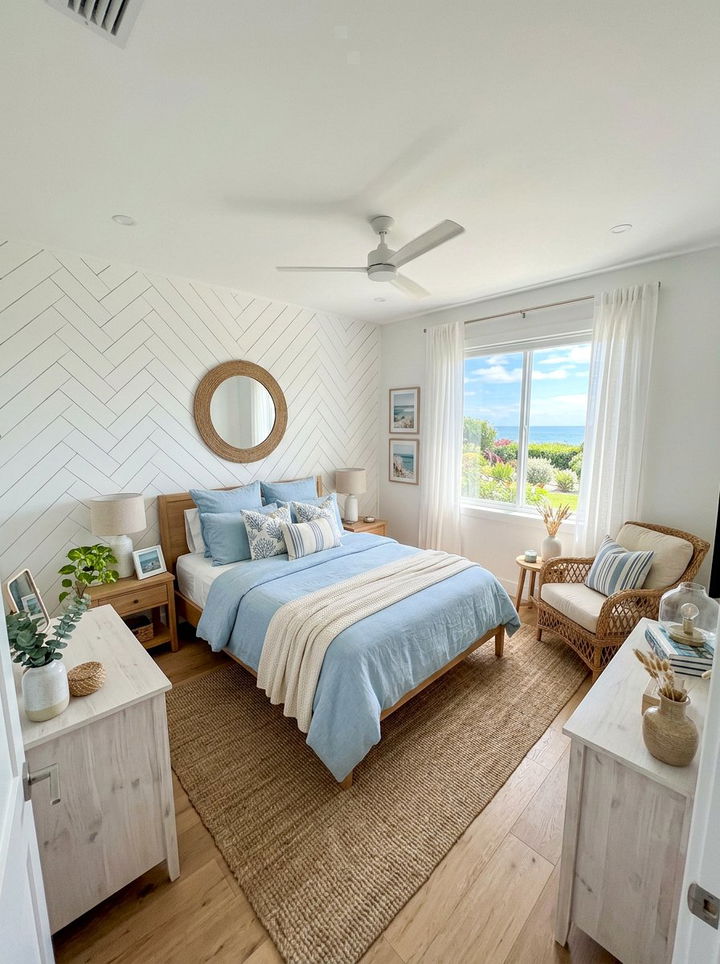 White Shiplap Herringbone Wall - 30 bedroom herringbone wall ideas