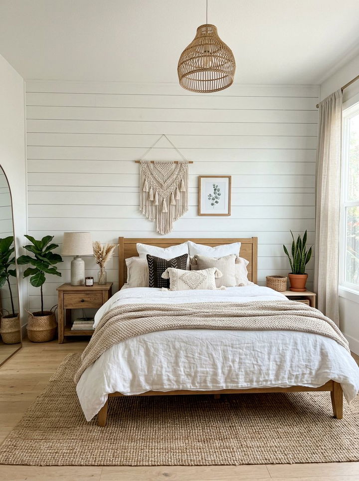 White Shiplap Wall - 30 bohemian white bedroom ideas