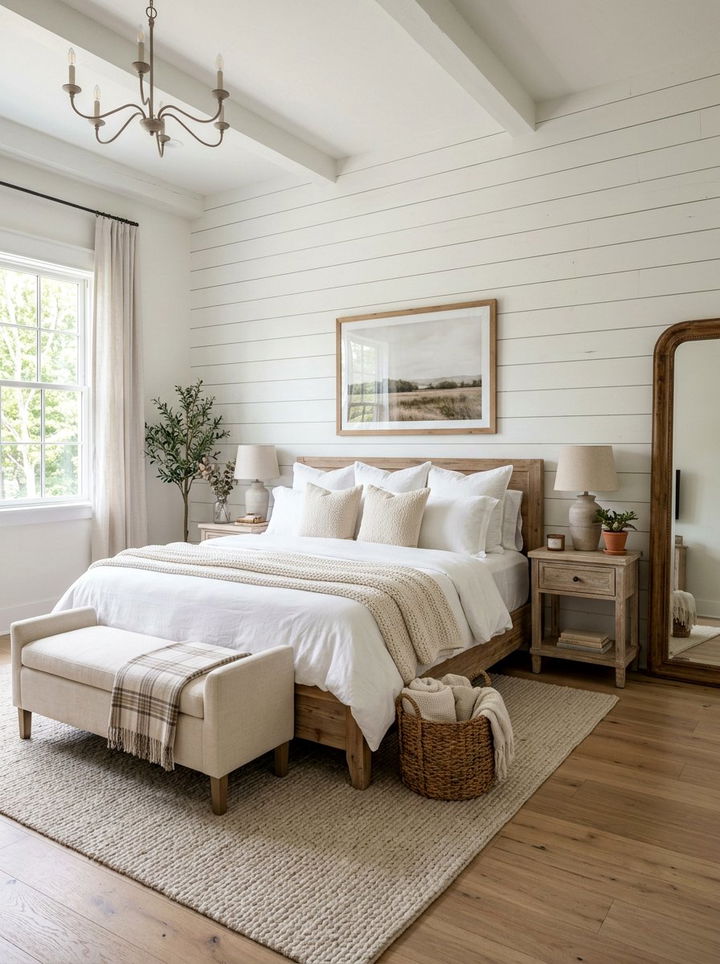 White Shiplap Wall - 30 fixer upper bedroom ideas