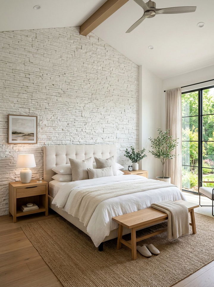 White Stacked Stone Wall - 30 bedroom stone wall ideas