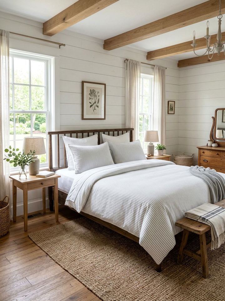 White Ticking Stripe Bedding - 30 fixer upper bedroom ideas
