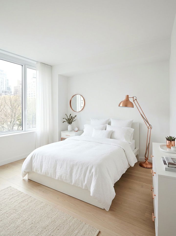 White and copper minimalist bedroom - 30 copper accent bedroom ideas