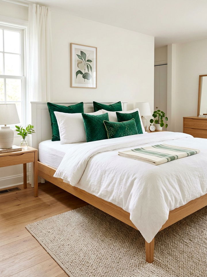 White bedding with green pillows - 30 emerald and white bedroom ideas