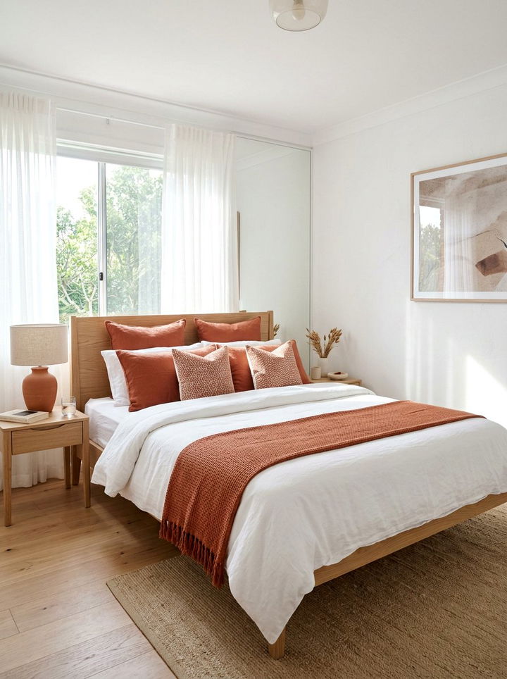 White bedding with terracotta accents - 30 terracotta and white bedroom ideas