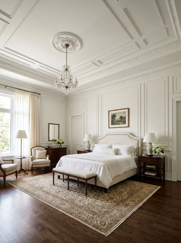 White bedroom with crown molding - 30 milky white bedroom ideas