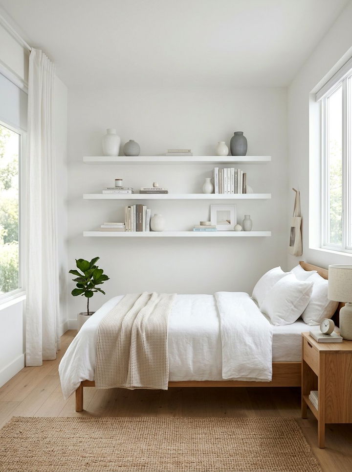 White bedroom with floating shelves - 30 milky white bedroom ideas