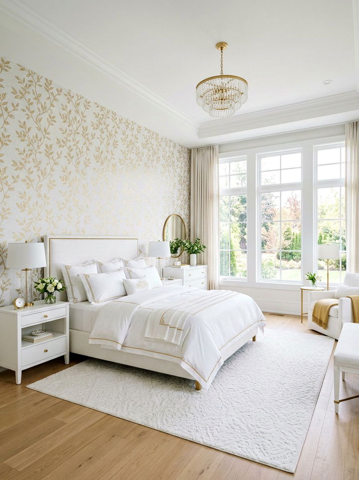 White bedroom with gold leaf wallpaper - 30 gold and white bedroom ideas