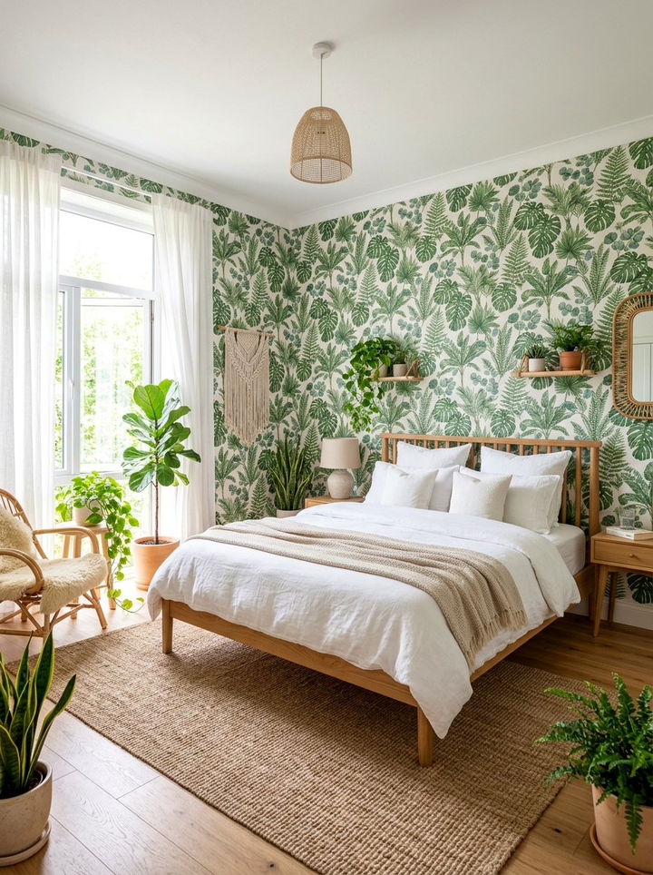 White bedroom with green botanical wallpaper - 30 emerald and white bedroom ideas