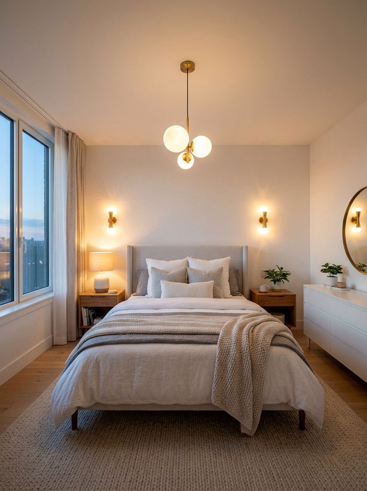 White bedroom with layered lighting - 30 milky white bedroom ideas