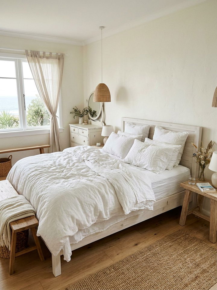 White bedroom with linen bedding - 30 milky white bedroom ideas