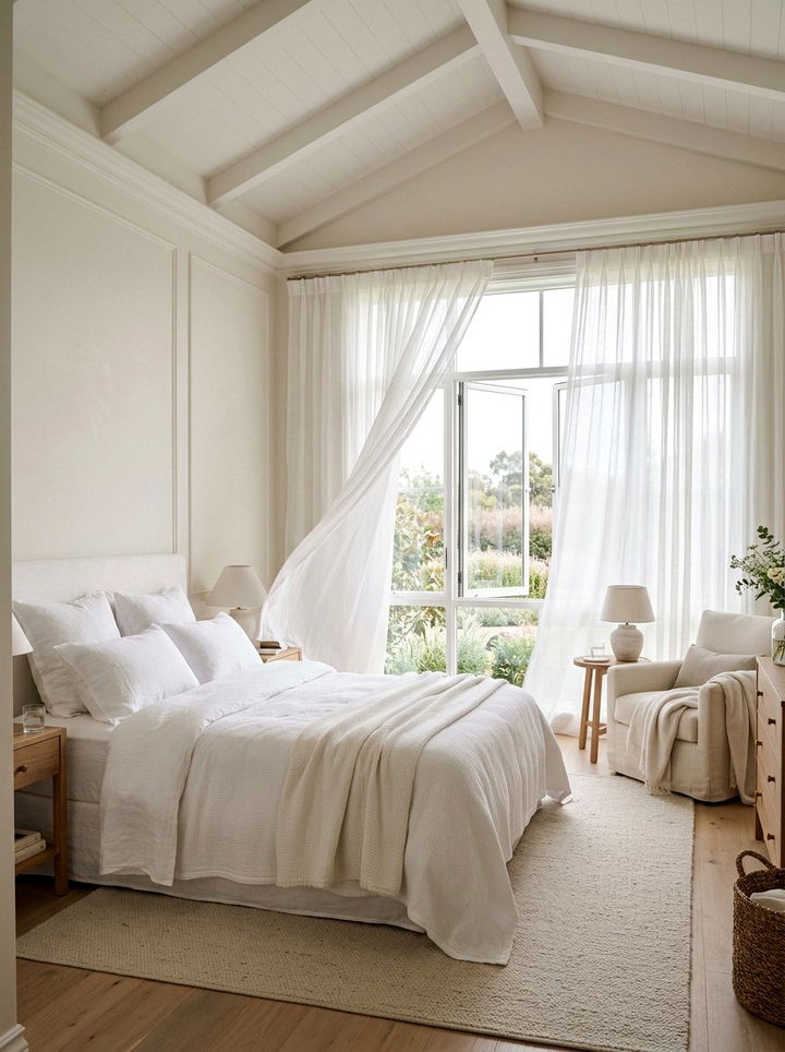White bedroom with sheer curtains - 30 milky white bedroom ideas