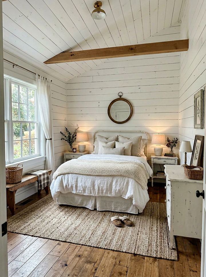 White bedroom with shiplap walls - 30 milky white bedroom ideas