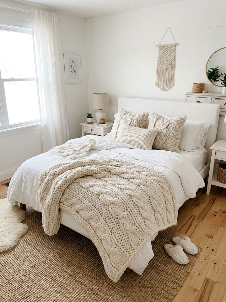 White bedroom with soft knits - 30 milky white bedroom ideas