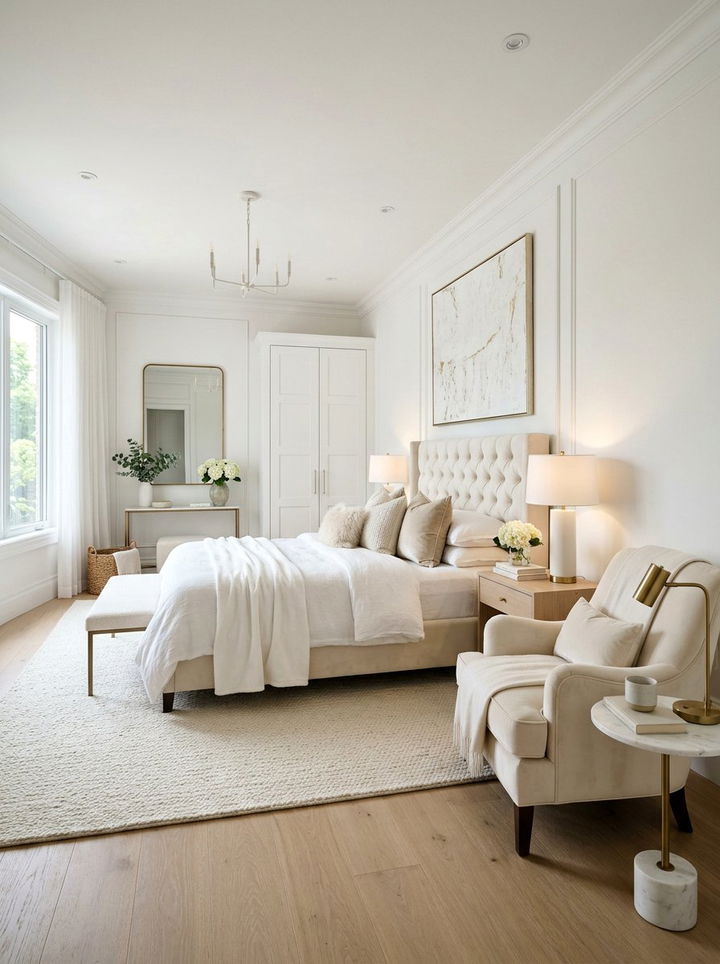 White bedroom with velvet furniture - 30 milky white bedroom ideas