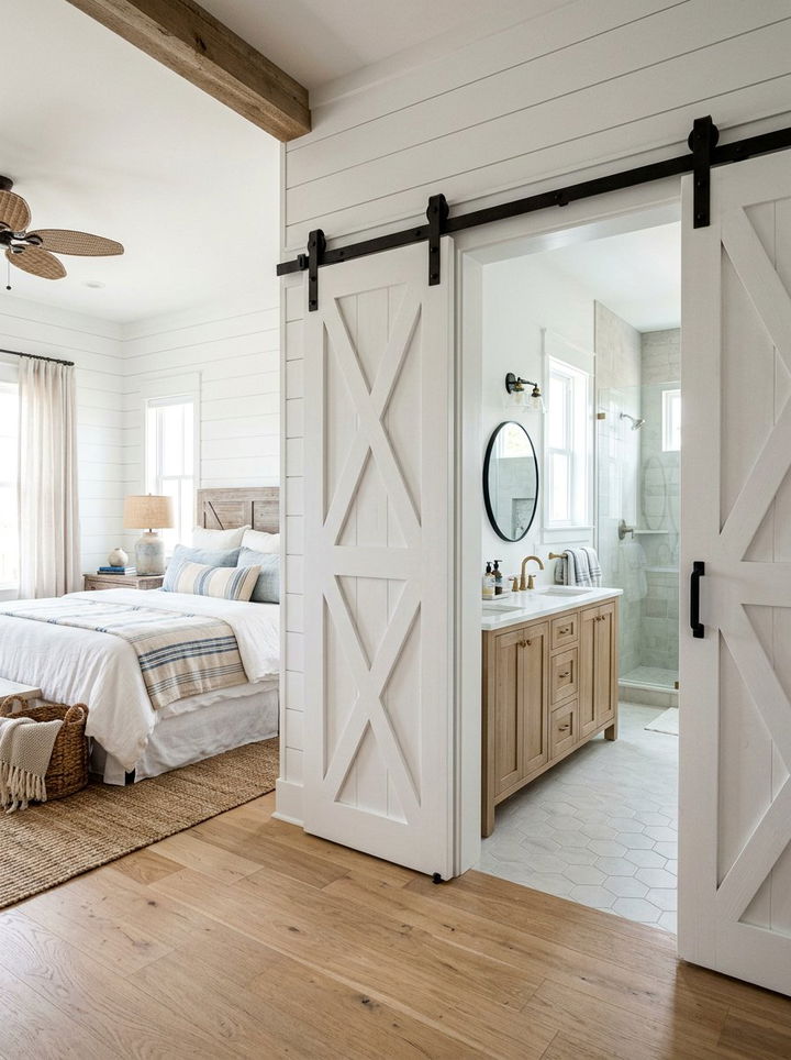 White sliding barn doors - 30 coastal white bedroom ideas