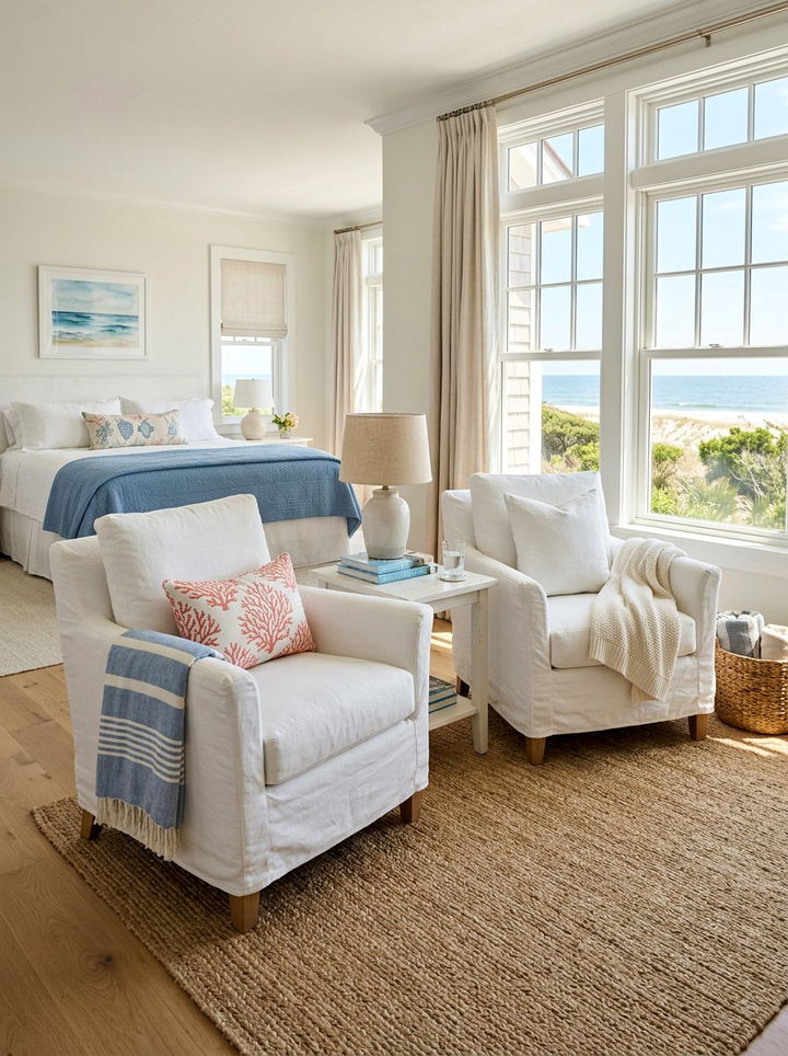 White slipcovered armchairs - 30 coastal white bedroom ideas