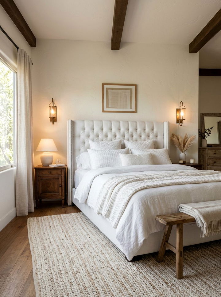 White upholstered headboard - 30 rustic white bedroom ideas