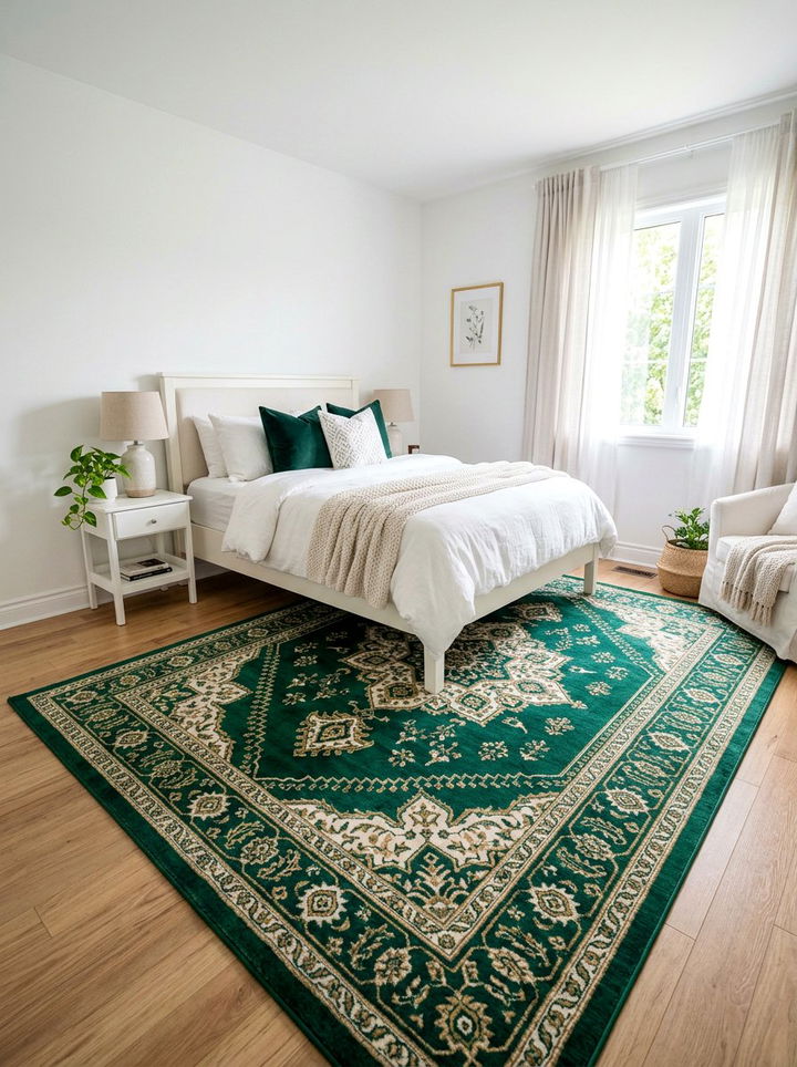 White walls with green area rug - 30 emerald and white bedroom ideas