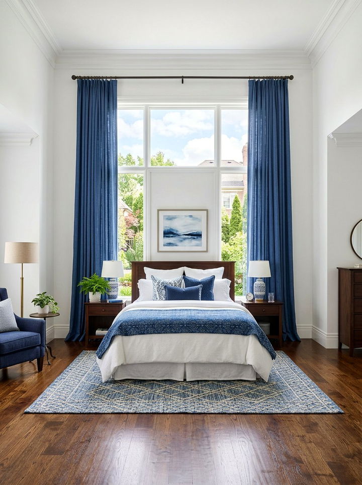 White walls with indigo curtains - 30 indigo and white bedroom ideas