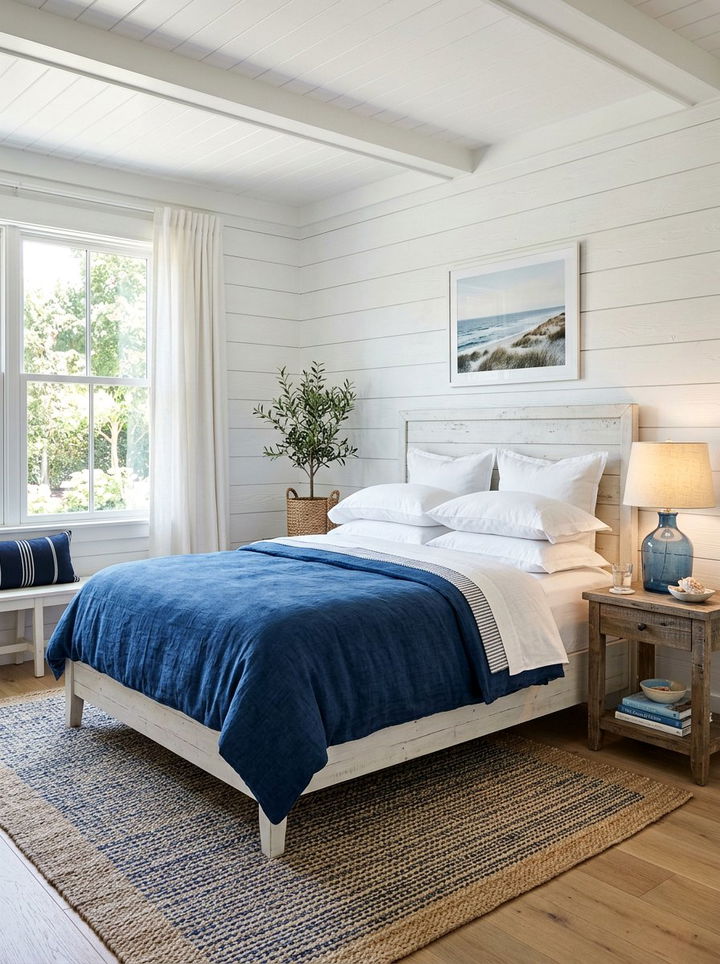 White wood paneling with indigo - 30 indigo and white bedroom ideas