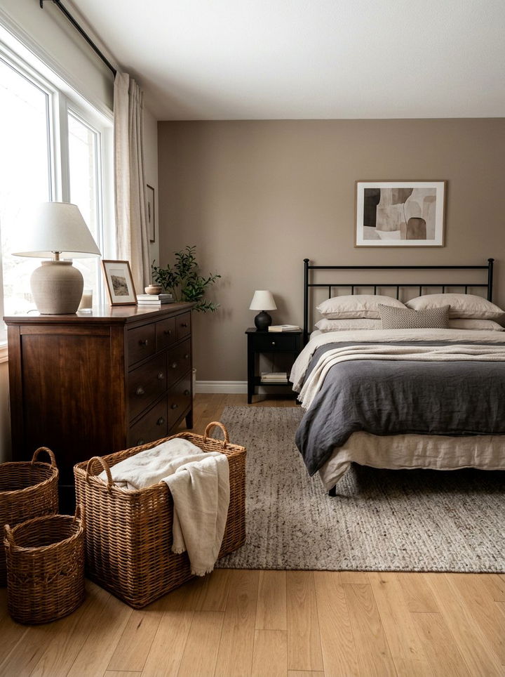 Wicker Baskets - 30 rustic black bedroom ideas