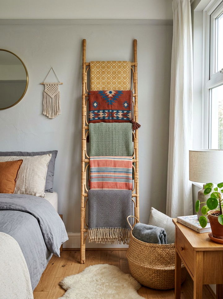 Wicker Blanket Ladder - 30 woven bedroom ideas