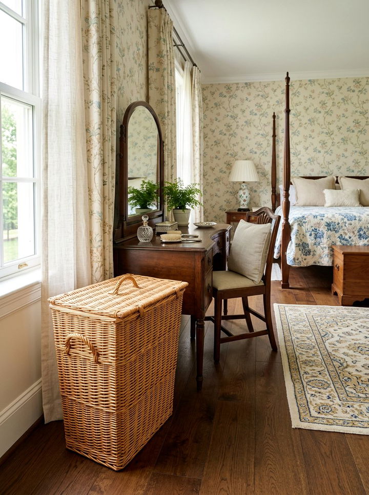 Wicker laundry basket with lid - 30 bedroom dirty clothes storage ideas