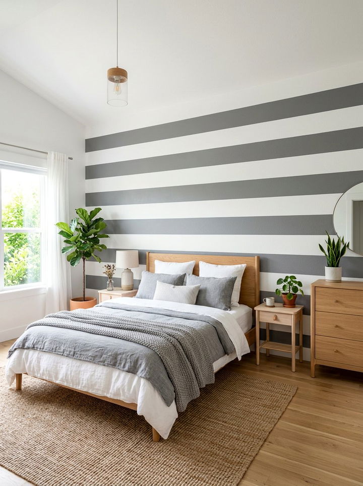 Wide gray and white stripes - 30 bedroom striped wall ideas