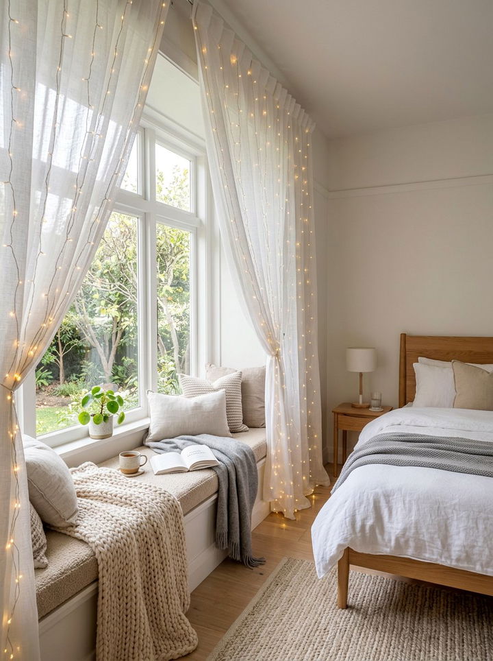 Window Curtain String Light - 30 bedroom ambient lighting ideas