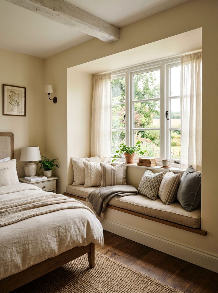 Window Seat Nook - 30 farmhouse beige bedroom ideas