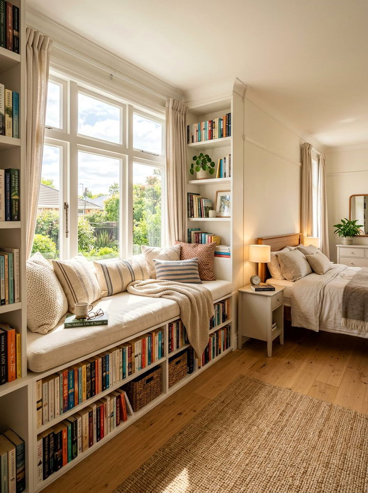 Window seat bookcase - 30 bedroom book displays