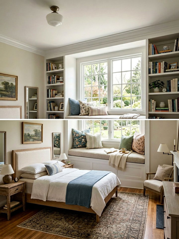 Window seat reading nook - 30 cottage core bedroom ideas