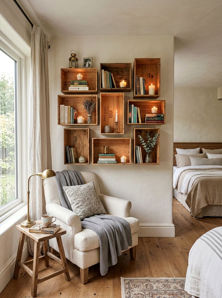 Wine Crate Wall Shelf Bedroom - 30 repurposed bedroom ideas
