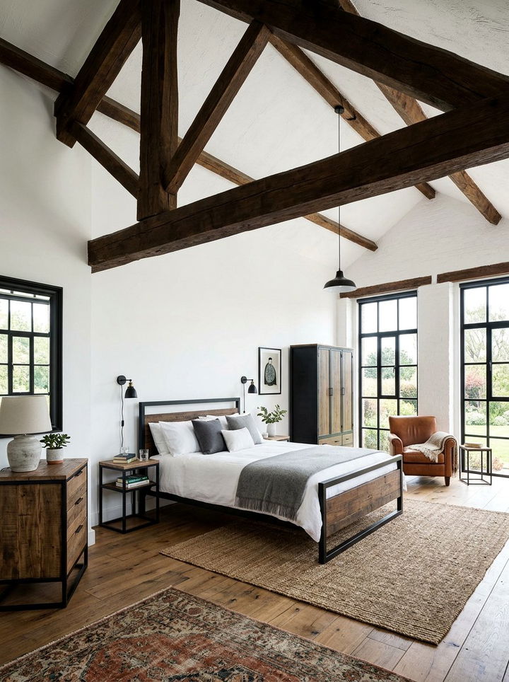 Wood Beam White Industrial Bedroom - 30 industrial white bedroom ideas