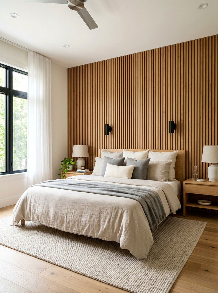 Wood Slat Accent Wall - 30 soft minimalist bedroom ideas