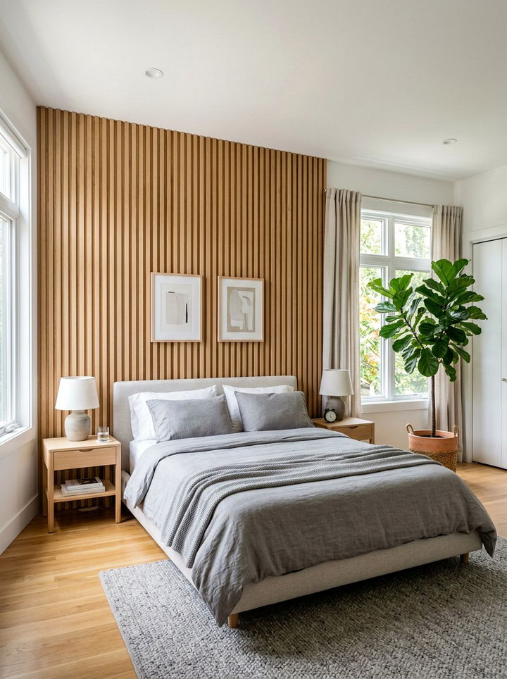 Wood Slat Accent Wall - 30 woodland bedroom ideas