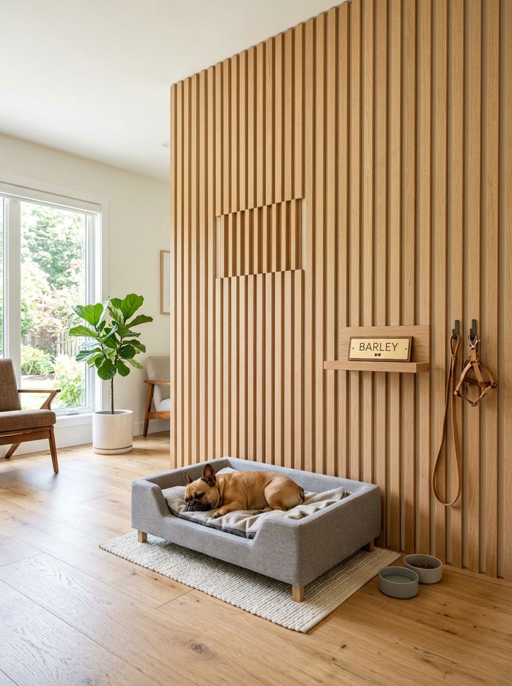 Wood Slat Dog Wall - 30 dog bedroom ideas