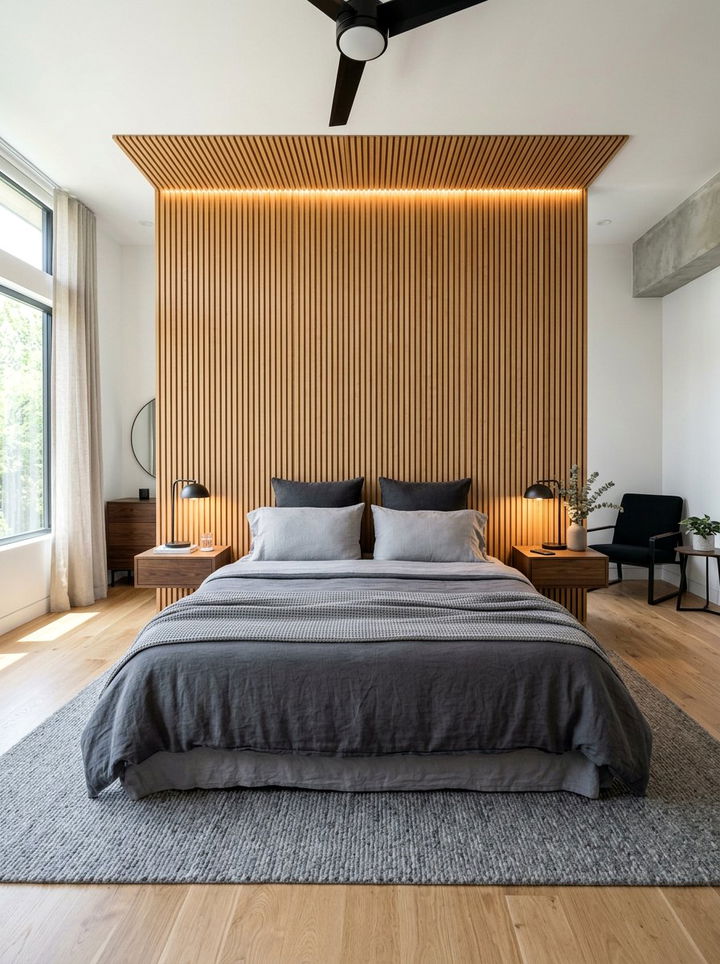Wood Slat Wall - 30 DIY bedroom ideas