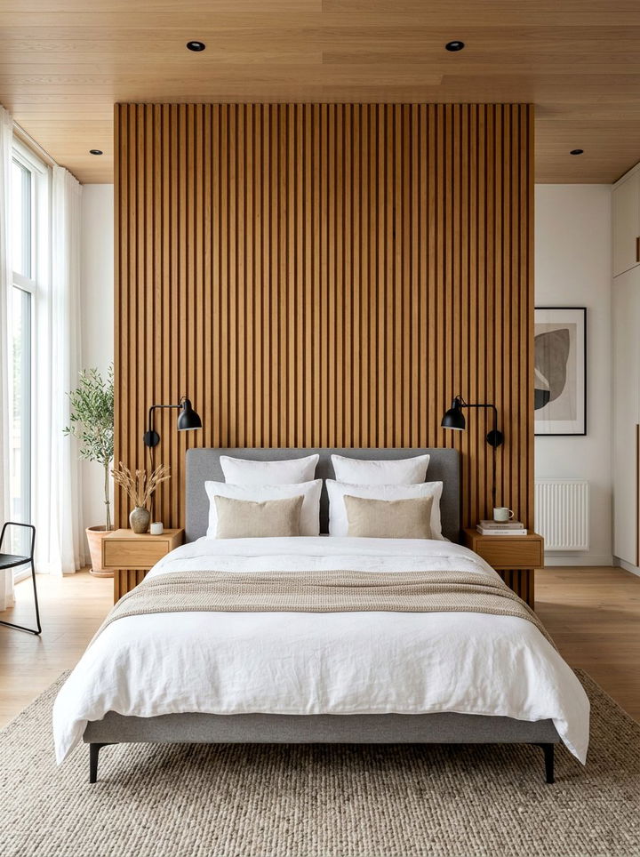 Wood Slat Wall Bedroom - 30 textured bedroom ideas