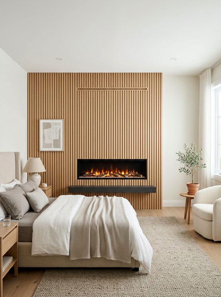 Wood Slat Wall Electric Fireplace - 30 bedroom electric fireplace ideas