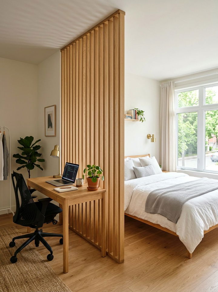 Wood Slat Wall Partition - 30 bedroom zoning ideas