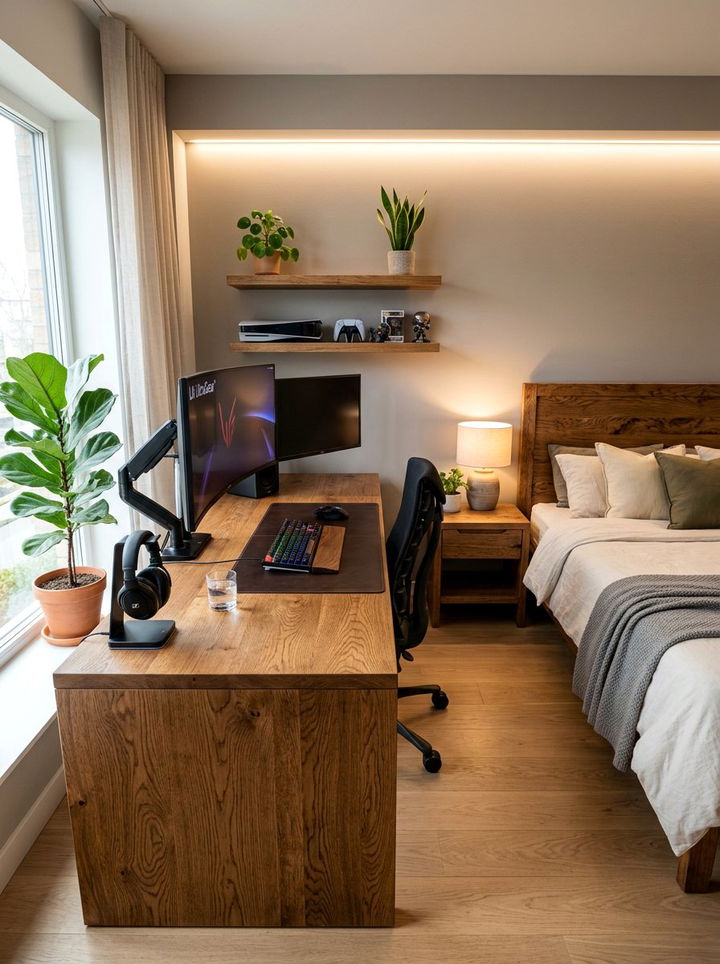 Wood Texture Gaming Desk - 30 streaming setup bedroom ideas