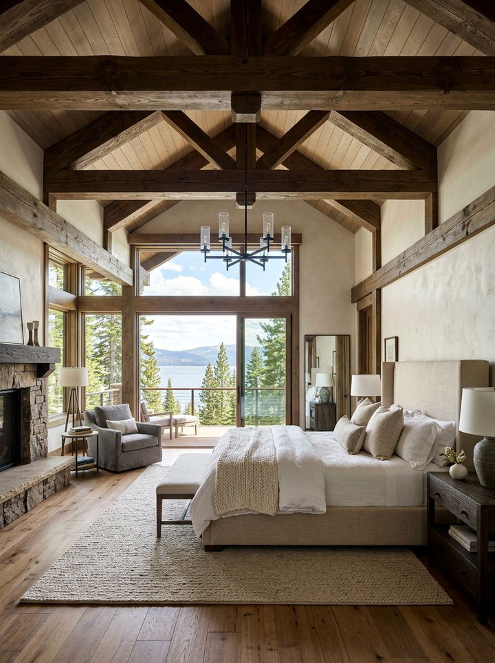 Wood beam ceiling bedroom - 30 lake house bedroom ideas