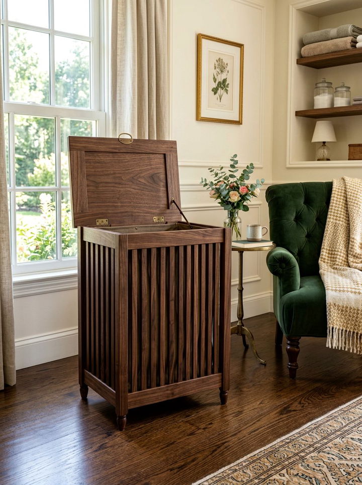 Wood laundry hamper - 30 bedroom dirty clothes storage ideas